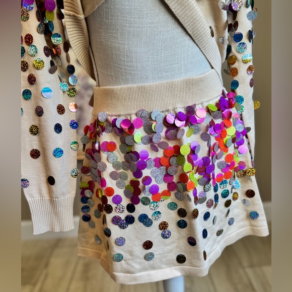 New! SET! QUEEN OF SPARKLES Cream & Rainbow Paillette Sequin Skirt + Sweater Set - Picture 7 of 9